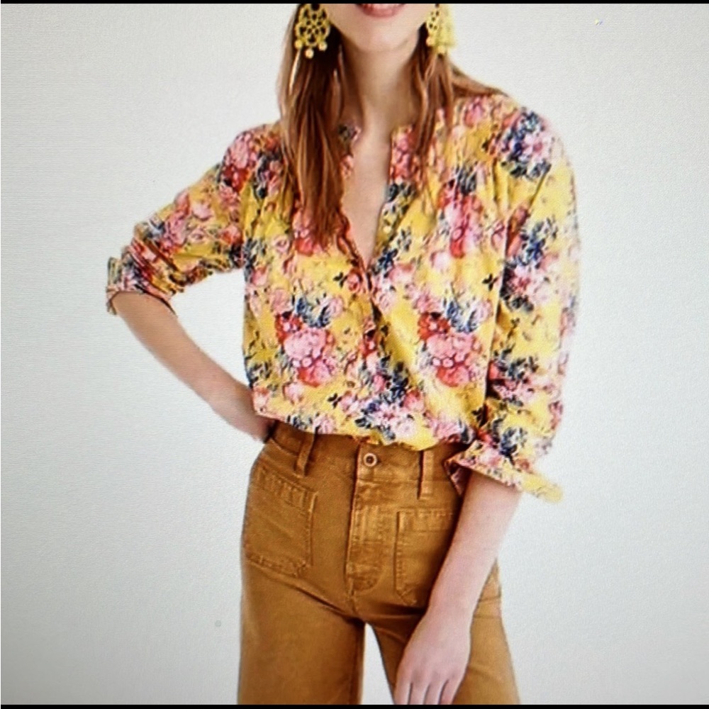 J Crew Liberty Classic Popover Floral Yellow Magical Bouquet Blouse Top Size 2